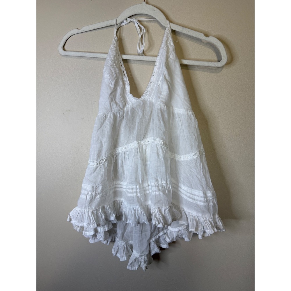 World Together White Cotton Halter Top Babydoll Lace Ruffle Boho Gauze Medium